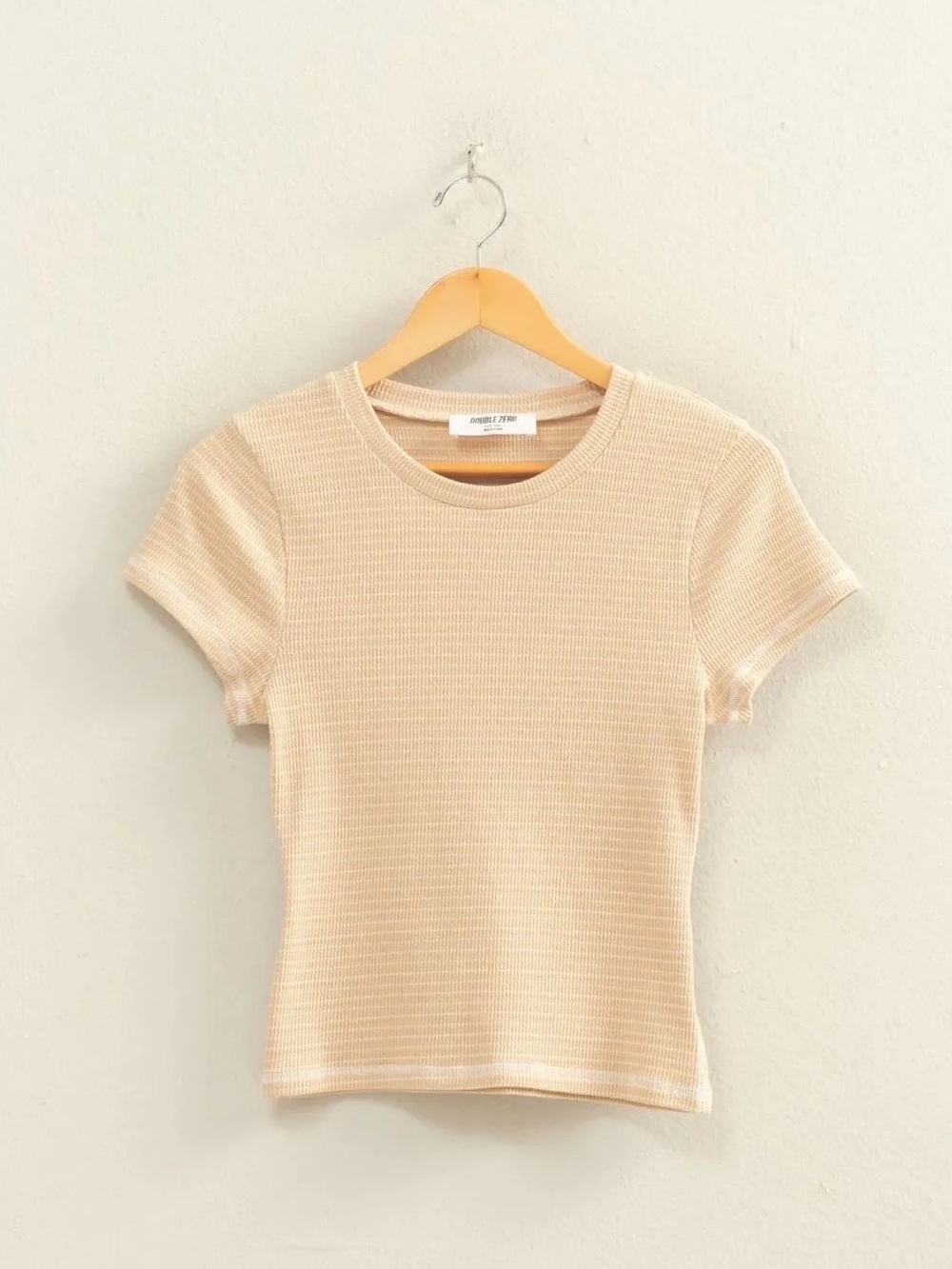 NEW Double Zero Taupe Stripe Ribbed Crewneck Fitted Tee – Medium